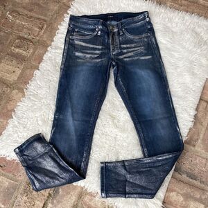 Bebe Precious Metal Icon Silver Rain Metallic Denim Jeans Size 27 Made USA 🇺🇸